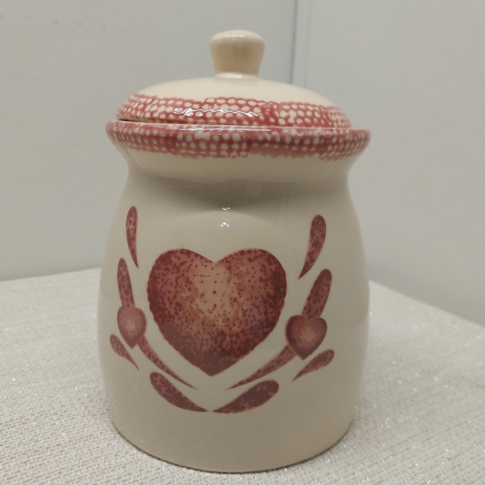 Vintage Ceramic Heart 8.5" Canister with Lid Cream and Mauve Sponge Painted Jar